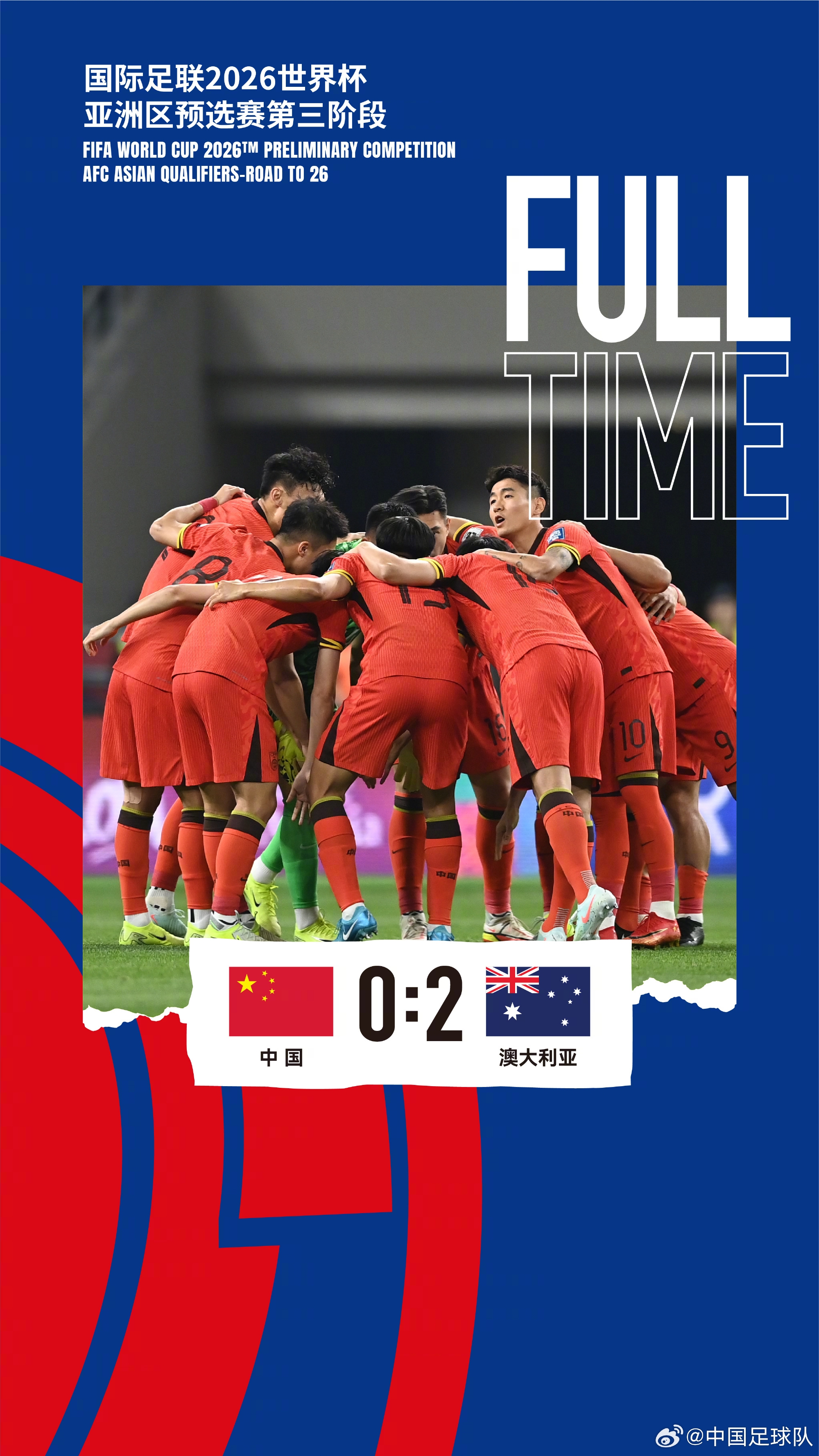 美加墨世界杯亞洲區(qū)預(yù)選賽第三階段第八輪，中國(guó)隊(duì)0-2澳大利亞隊(duì)